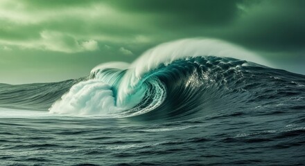 Massive powerful turquoise ocean wave cresting and breaking with white foam in a turbulent sea under a dramatic and ominous green stormy sky