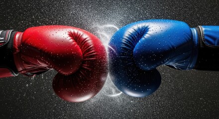 Red and blue boxing gloves hitting each other in a powerful collision with a dramatic explosion of water spray on a dark, textured background