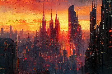 City skyline at sunset with glowing lights and towering buildings in a futuristic urban landscape