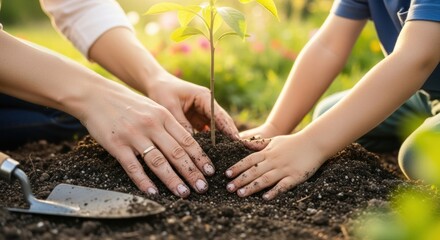 Close-up of a mother and child's hands planting a young green sprout together in the soil with warm sunset light in a beautiful garden