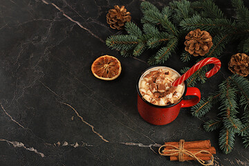 Christmas alcoholic or non-alcoholic chocolate cocktail with marshmallows and cinnamon, warming winter drink in the cold season on a concrete background, Christmas holiday grog, eggnog