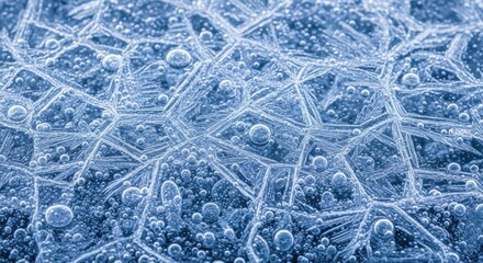 Frozen blue ice texture with trapped air bubbles and intricate crystalline patterns creating a beautiful abstract winter background