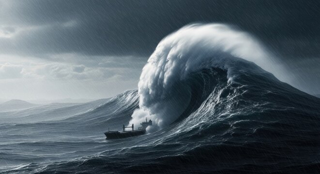 Large bulk carrier ship facing a gigantic rogue wave during a dramatic and dangerous ocean storm with heavy rain and dark, moody skies