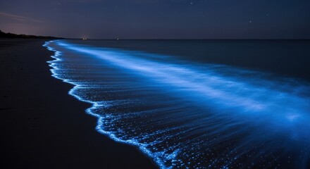 Bright blue glowing bioluminescent plankton washing ashore on a dark sandy beach, creating a magical and serene natural light phenomenon under a starry night sky