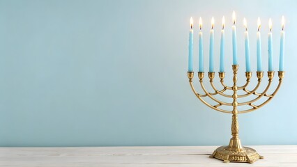 A traditional golden menorah with nine lit blue candles illuminates a wooden surface against a soft blue background, symbolizing the jewish holiday of hanukkah