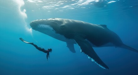 Naklejka premium Massive humpback whale swimming peacefully alongside a freediver in the clear blue ocean, with beautiful sun rays filtering through the water surface from above