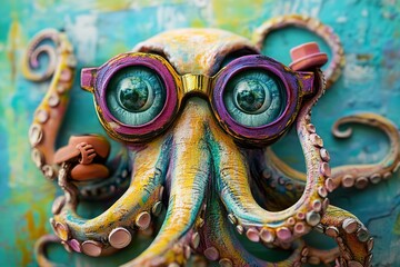Colorful octopus with glasses and playful expression in a vibrant underwater setting