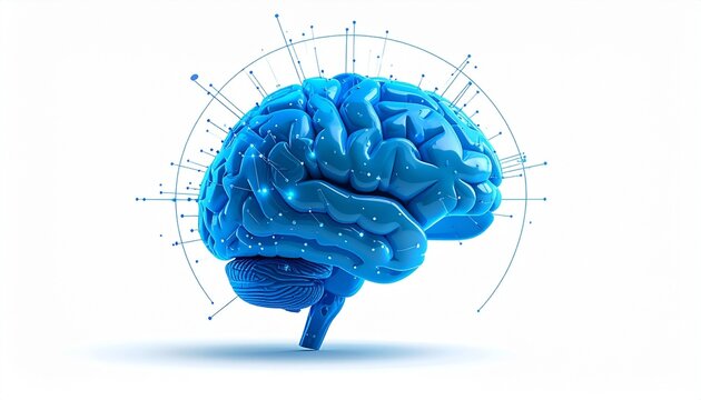 Stylized blue 3D brain with floating particles on reflective white background.