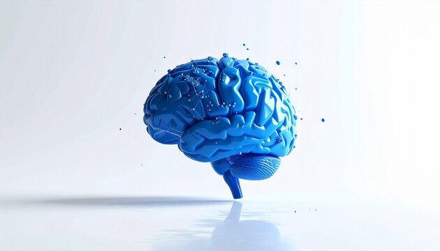 Stylized blue 3D brain with floating particles on reflective white background.