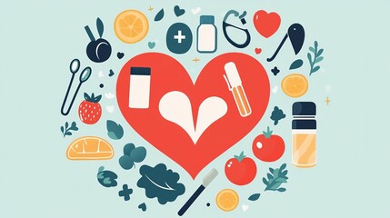 Creative health-themed design featuring heart, vegetables, and wellness items showcasing a vibrant lifestyle