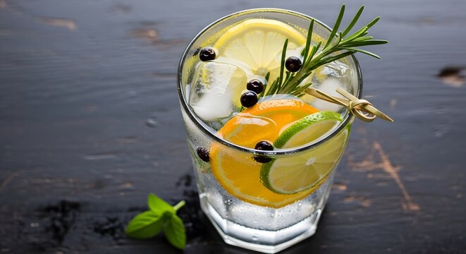 Refreshing citrus infused drink with ice and herbal garnish for summer beverage design
