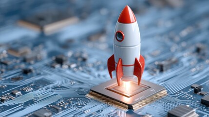 A small rocket is taking off from a computer chip resting on a blue circuit board. This scene represents the merging of technology and creativity in innovation.