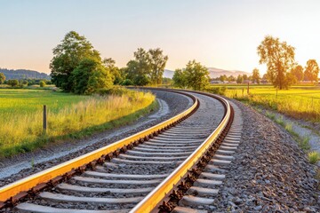 Obraz premium Curved railway track meanders through lush green countryside under evening sunlight, creating a serene and picturesque landscape with natural beauty and tranquility