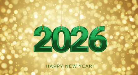 Image shows green numbers 2026 hanging on gold strings against bokeh backdrop, representing the upcoming New Year, celebration, festivity