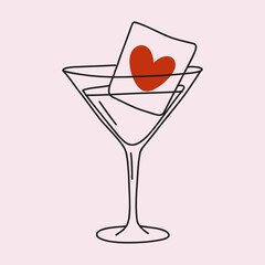 Martini glass with heart illustration — minimalist line style cocktail glass with  red heart card inside. Simple romantic Valentine’s Day doodle, modern love drink icon for holiday cards, invitations.