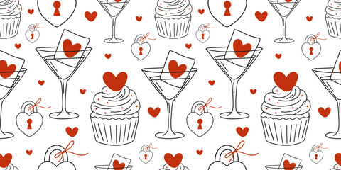 Valentine’s Day seamless pattern with hand-drawn martini glasses, cupcakes with hearts, love padlocks, and small red hearts. Romantic linear doodle style, cute love background for Valentine designs.