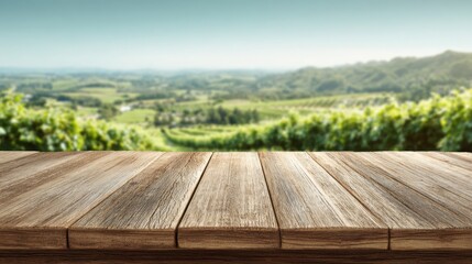 Morning light casts a warm glow on a rustic wooden table that faces picturesque rolling vineyards. The serene landscape is filled with green vines and blue skies.