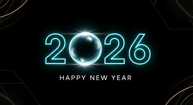 Neon blue number 2026 with sphere. "Happy New Year" text below, on black background with gold lines, symbolizing celebration, and holiday season.