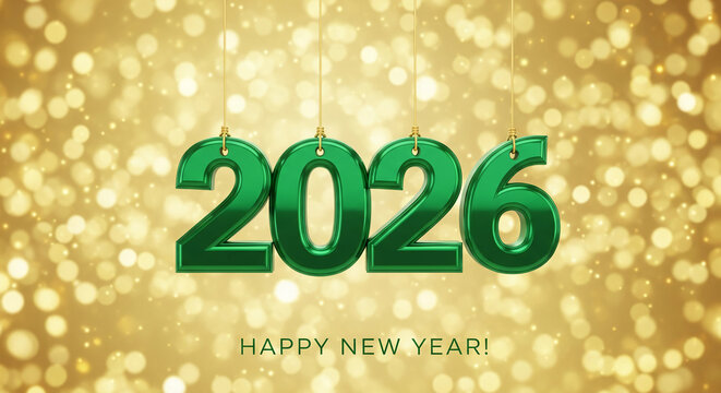 Image shows green numbers 2026 hanging on gold strings against bokeh backdrop, representing the upcoming New Year, celebration, festivity