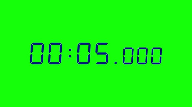7 digits navy blue digital countdown timer starting at 00:10:00 (10 seconds) on green screen, featuring crisp seven-segment numerals with minutes, seconds, and milliseconds displayed prominently.