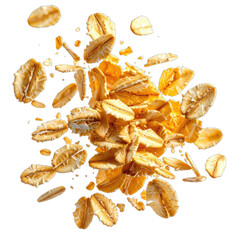 A dynamic cascade of golden rolled oats isolated against a stark black background.