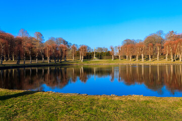View of Frederiksborg castle park lake, Denmark