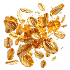 A dynamic cluster of golden rolled oats suspended in mid-air against a stark black background.