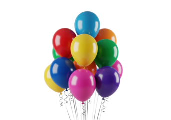 Matte, vibrant multi-colored balloons with silver ribbons, artfully arranged 45-degree angle on transparent studio background, concept for premium elegant celebration