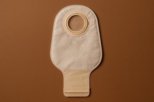 Medical colostomy bag on a neutral background, showcasing ostomy care equipment for healthcare