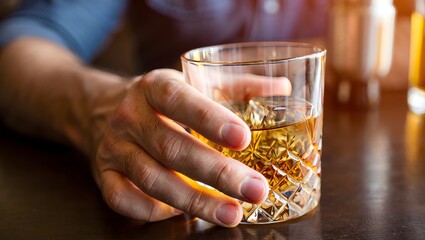 Hand Holding Glass of Whiskey with Ice - Close-up