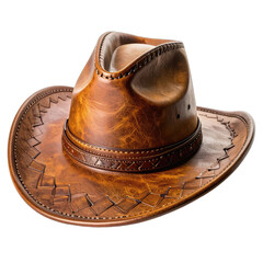 A richly textured, distressed brown leather cowboy hat isolated on a black background.
