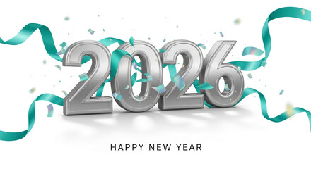 Metallic 2026 number with ribbon and confetti on white background, represents celebration and beginning, perfect for New Year announcement