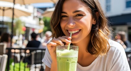 Joyful woman enjoying refreshing green smoothie at outdoor café