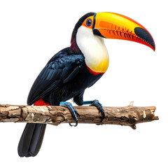 Fototapeta premium Vibrant Toucan with Bright Beak Perched on a Branch Against Black Background