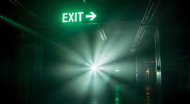 Illuminated exit sign in mysterious hallway with fog and dramatic lighting for emergency and safety awareness