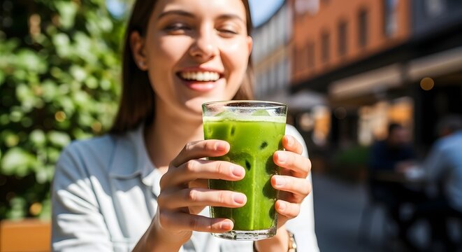Refreshing green juice enjoyed by smiling woman outdoors in urban setting during 2011 summer day