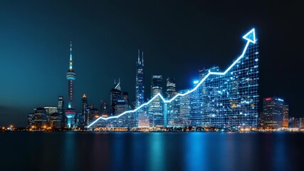Illuminated city skyline at night with a glowing financial growth chart overlay. Symbolizing economic success, business development, and urban progress in a global context. Stock trading - Powered by Adobe