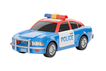 Blue flashing lights atop a black and white police car.