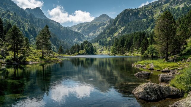 A peaceful lake reflects the majestic mountains and clear blue sky. Lush green trees and rocks border the water creating a tranquil atmosphere in nature.