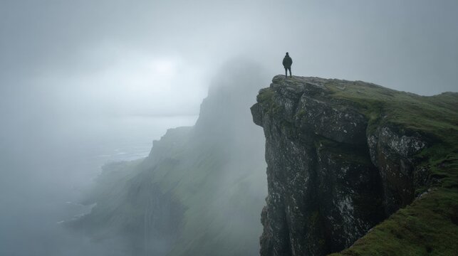 A lone figure stands at the edge of a steep cliff surrounded by fog and mist. The rugged landscape features dramatic cliffs and a somewhat mystical atmosphere as the ocean is visible below.