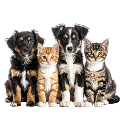 Two adorable puppies and two cute kittens posing together against a black background.
