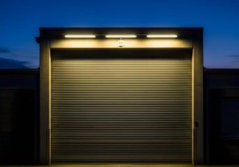 Industrial warehouse at dusk with illuminated roll-up door, nighttime security concept for logistics and storage facilities