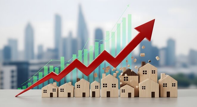 Housing market growth concept with rising arrow chart and city skyline background for real estate analysis - Powered by Adobe
