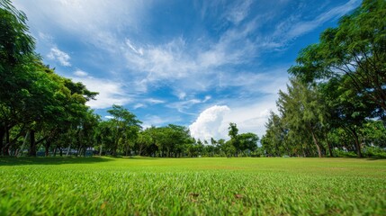 A beautifully manicured park features a lush green lawn and a vibrant blue sky. Fluffy white clouds drift lazily above the trees creating a serene outdoor scene.