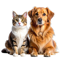 A portrait featuring a tabby cat and a golden retriever sitting together against a black background.