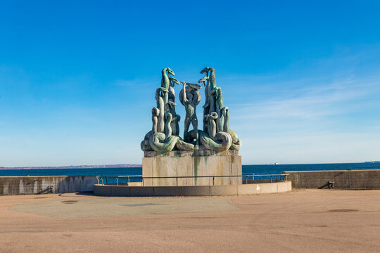 Sculpture of Heracles and the Hydra, mythological figure of a hero fighting many-headed serpent, in Helsingor (Elsinore), Denmark