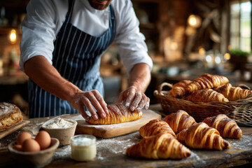 Baker preparing fresh croissants in a rustic kitchen during the morning