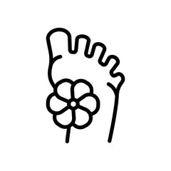 Foot and flower outline icon. Foot hygiene, Healthy feet, Foot treatment, Podiatrist, Podiatry, Pedicure, Foot care, Massage foot, Organic cosmetics symbol. Vector isolated illustration.