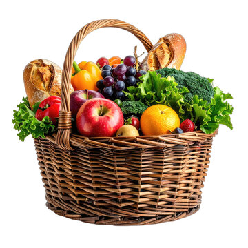 A bountiful harvest basket filled with fresh fruits, vegetables, and artisan bread against a stark black background.