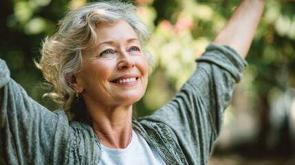 A cheerful woman stands outdoors with her arms raised embracing the fresh morning air. She smiles brightly surrounded by greenery and colorful flowers.